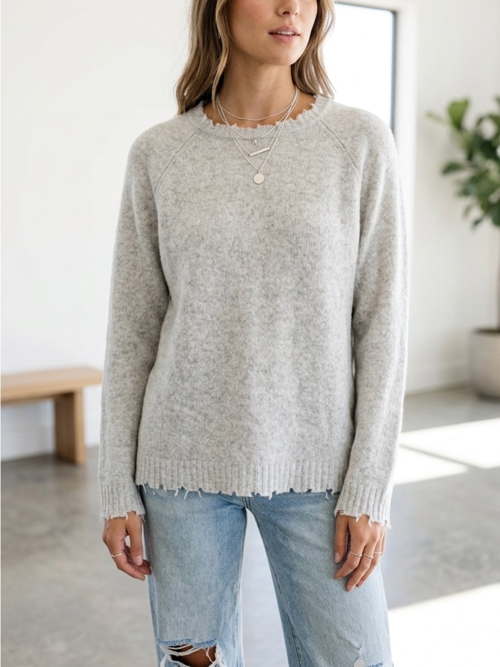 Minnie Rose Heather Grey Distressed Frayed Edge Cashmere Sweater - Medium